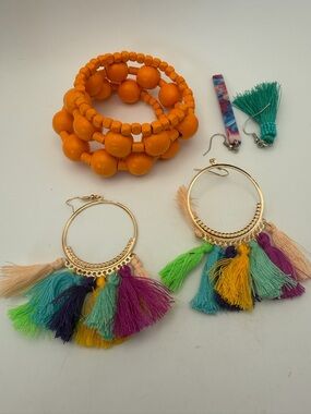 Colorful Boho Festive Tassel Hoop Earrings and Orange Bead Bracelet Set